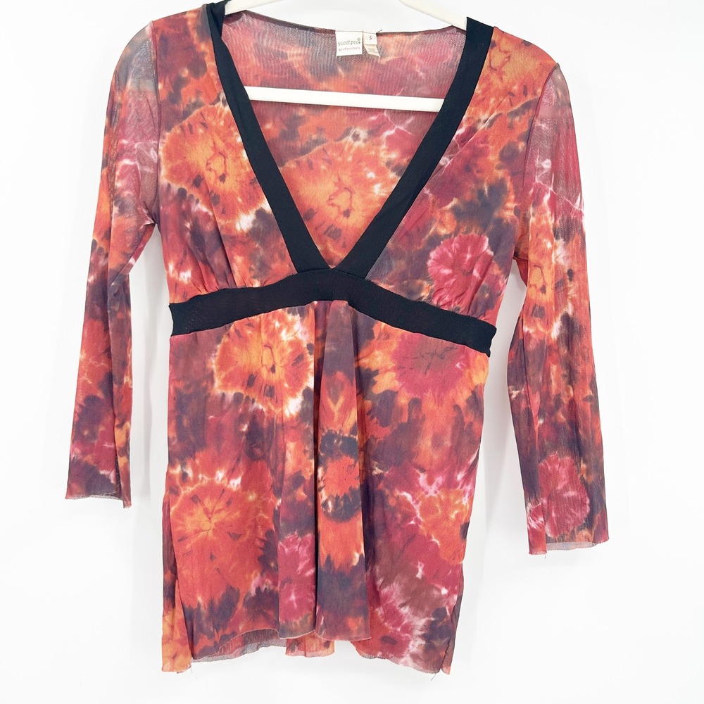 Sweet Pea Womens Y2K Fairycore Tie Dye Floral Sheer Mesh Festival Babydoll Top S